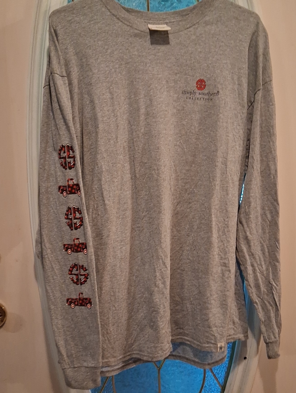 Simply Southern Gray Long Sleeve Tee with Red Sleeve Trucks
